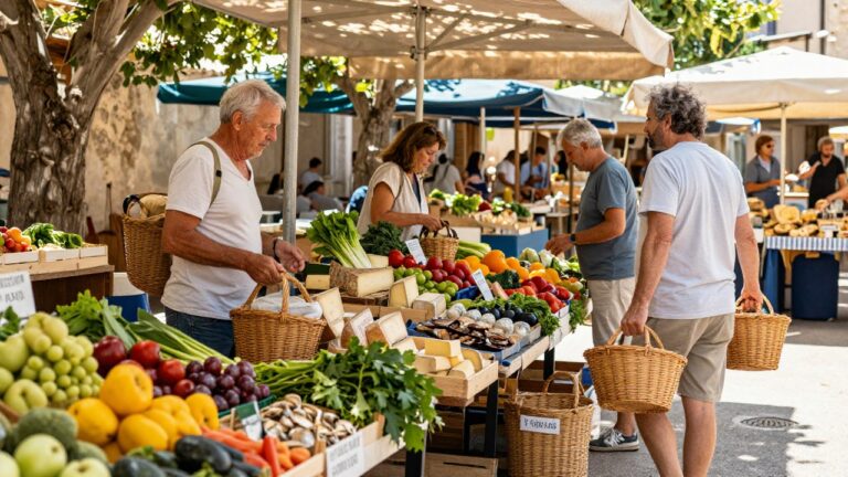 Vue des marchés du Grau du Roi avec leurs étals colorés et animation