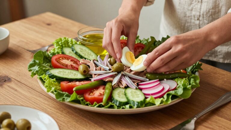 Véritable salade niçoise traditionnelle servie avec ingrédients classiques